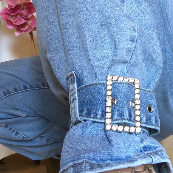 Denim Pants with Rhinestone Ankle Belt - Picture 4 of 5